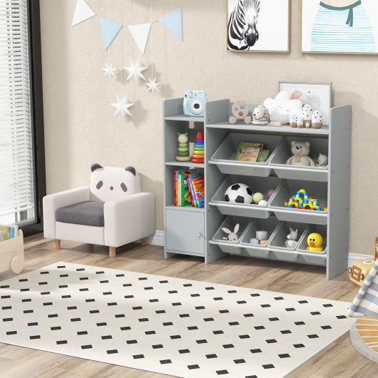 4-Tier Kids Bookshelf and Toy Storage Rack with 8 Toy Organizer Bins-Grey