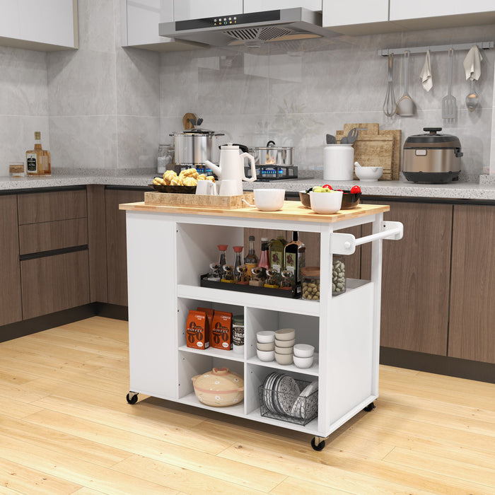 Kitchen Island Trolley Cart on Wheels with Storage Open Shelves and Drawer-White