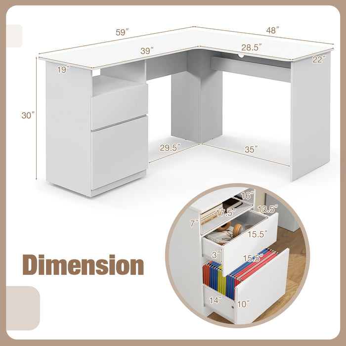 L-Shaped Computer Desk with Letter File Drawer-White