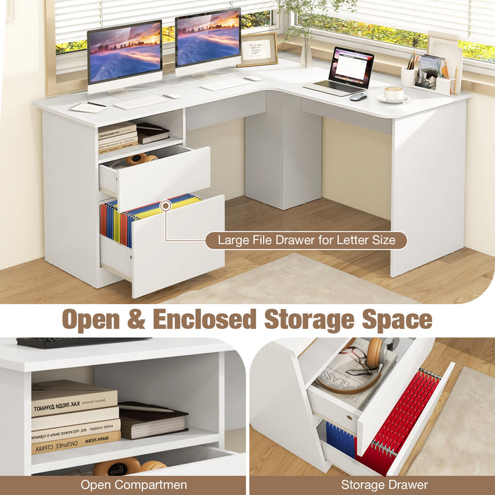 L-Shaped Computer Desk with Letter File Drawer-White