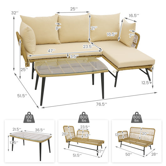 3 Pieces L-Shaped Patio Sofa with Cushions and Tempered Glass Table-Beige