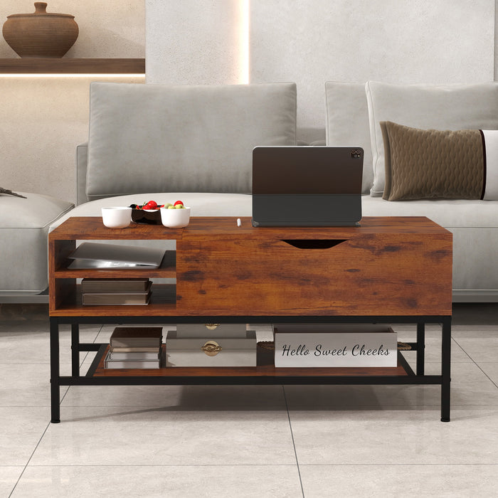 Lift Top Coffee Table with Hidden Compartment and Removable Storage Shelf-Rustic Brown