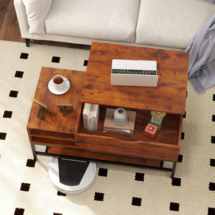 Lift Top Coffee Table with Hidden Compartment and Removable Storage Shelf-Rustic Brown