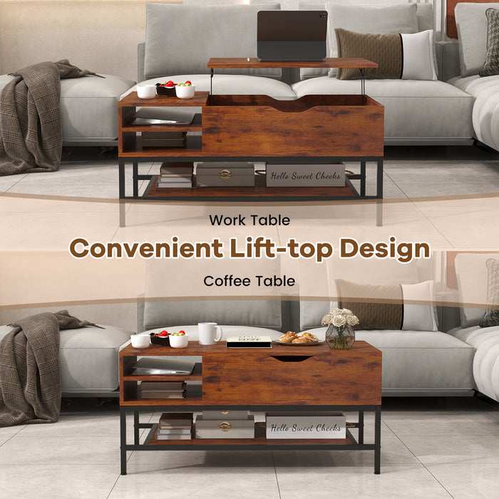 Lift Top Coffee Table with Hidden Compartment and Removable Storage Shelf-Rustic Brown