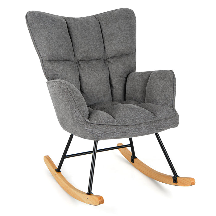 Linen Nursery Rocking Chair with High Backrest and Padded Armrests-Gray