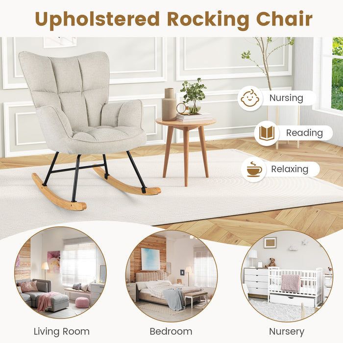 Linen Nursery Rocking Chair with High Backrest and Padded Armrests-White