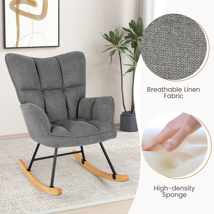 Linen Nursery Rocking Chair with High Backrest and Padded Armrests-Gray