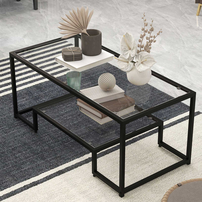 Modern 2-Tier Rectangular Coffee Table with Glass Table Top-Black