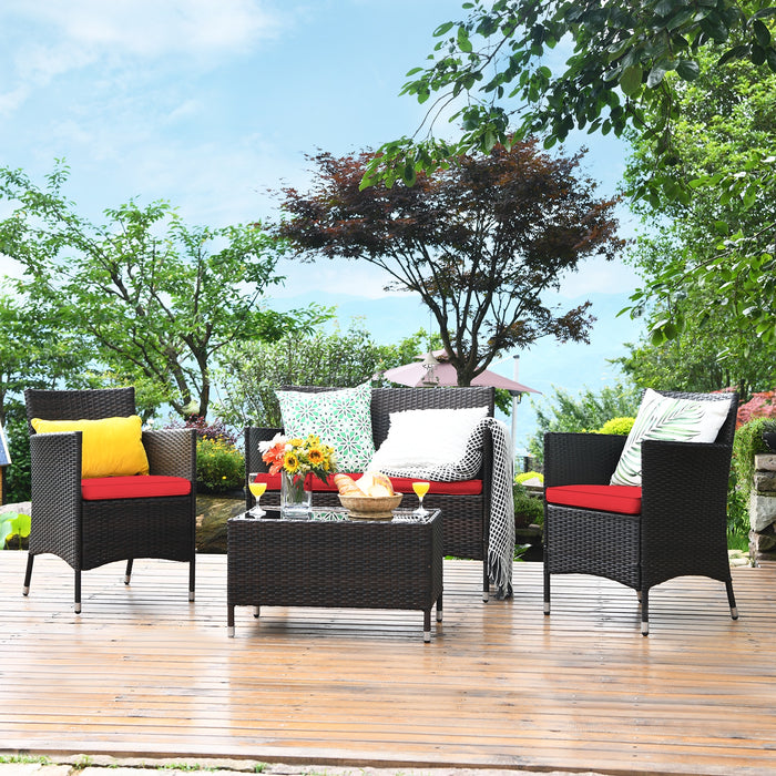 4 Pieces Comfortable Rattan Outdoor Conversation Furniture Set with Glass Table