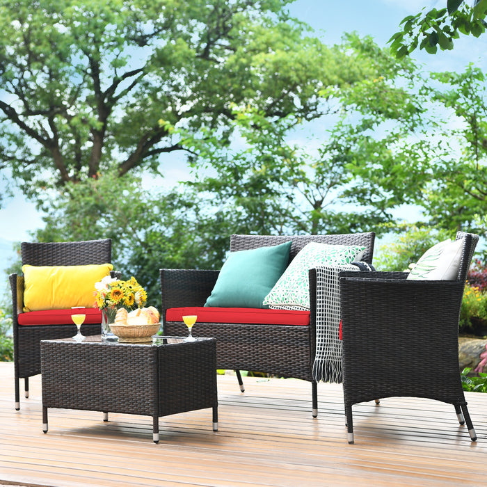 4 Pieces Comfortable Rattan Outdoor Conversation Furniture Set with Glass Table