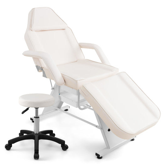 72 Inch Massage Bed with Hydraulic Stool Removable Headrest and Storage Boxes-White