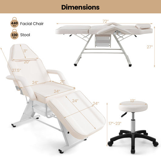 72 Inch Massage Bed with Hydraulic Stool Removable Headrest and Storage Boxes-White