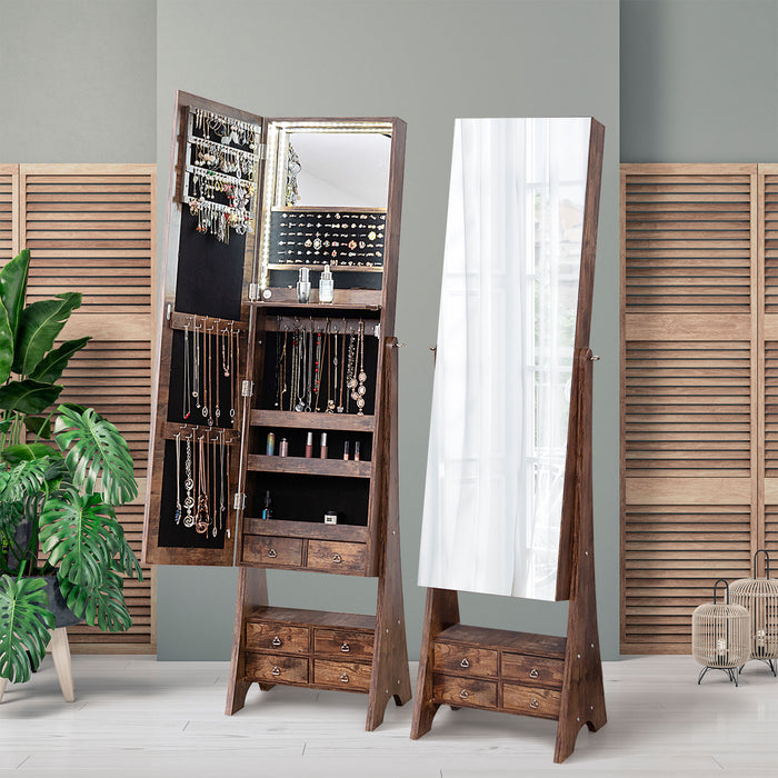 Freestanding Full Length LED Mirrored Jewelry Armoire with 6 Drawers-Rustic Brown