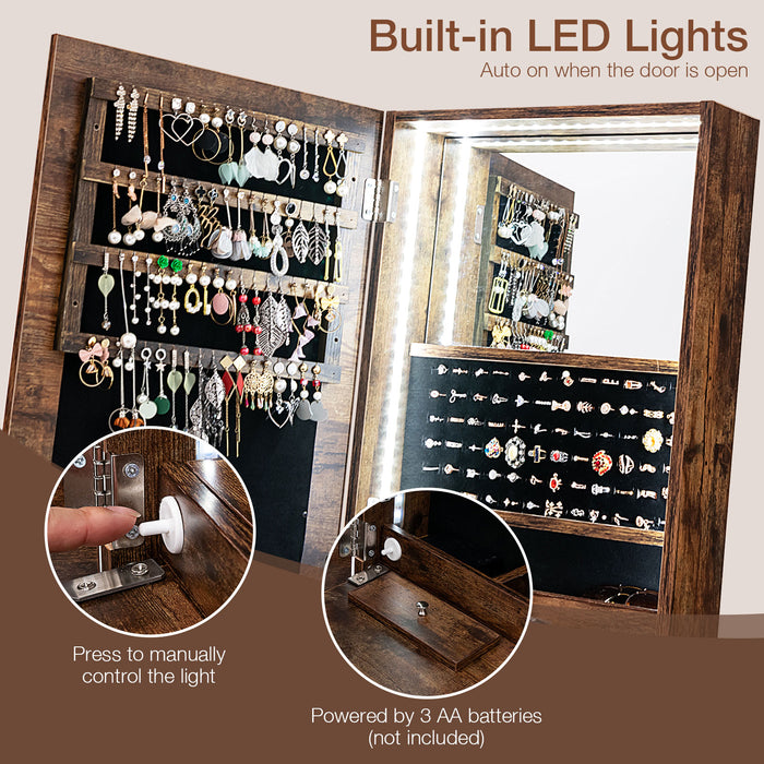 Freestanding Full Length LED Mirrored Jewelry Armoire with 6 Drawers-Rustic Brown