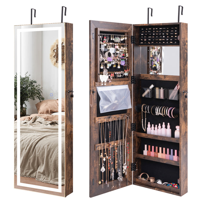 Mirrored Jewelry Armoire with Full Length Mirror and 2 Internal LED Lights-Rustic Brown