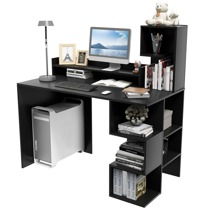 Modern Computer Desk with Storage Bookshelf and Hutch for Home Office-Black