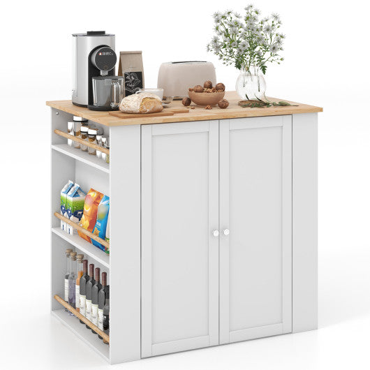 Modern Kitchen Island with Rubber Wood Countertop and Storage-White