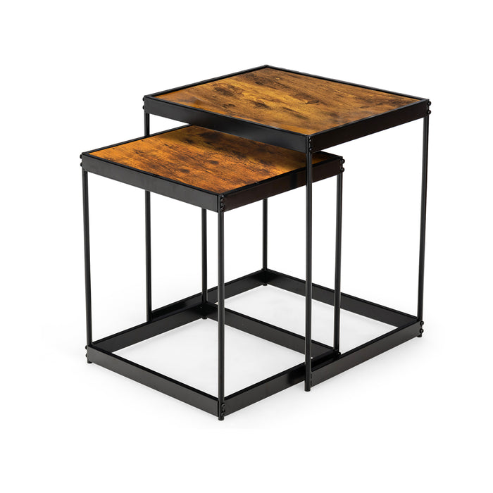 Set of 2 Modern Nesting End Tables with Metal Legs for Living Room-Rustic Brown