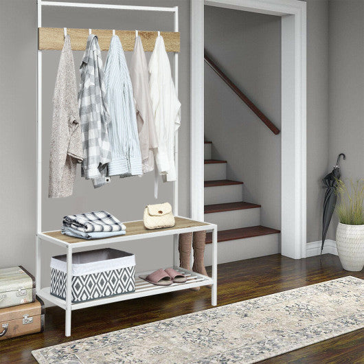 3-in-1 Industrial Coat Rack with 2-tier Storage Bench and 5 Hooks-Natural