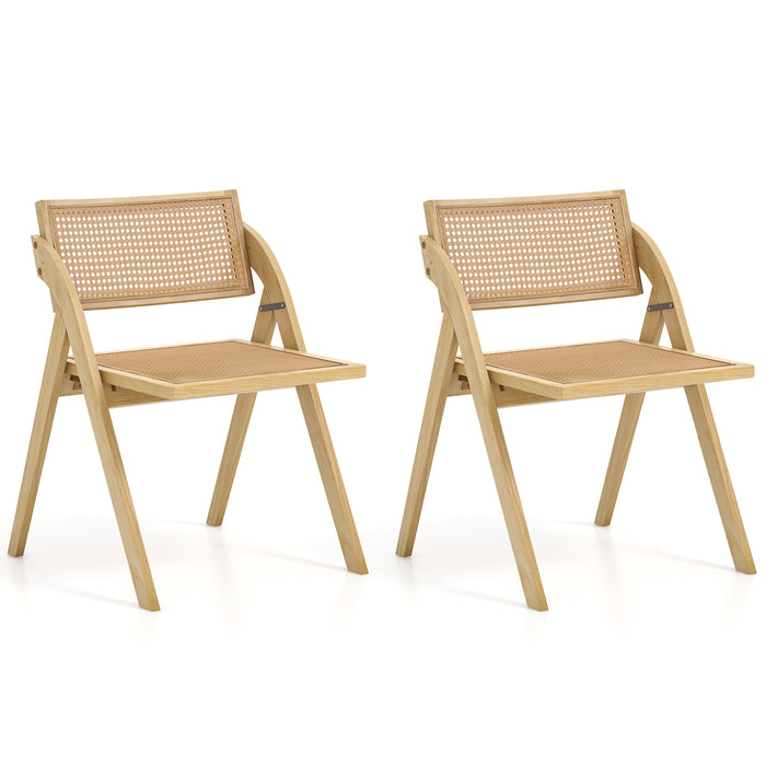 Foldable Dining Chairs Set of 2 with Woven Rattan Backrest-Natural