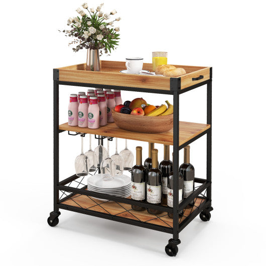 3 Tiers Industrial Bar Serving Cart with Utility Shelf and Handle Racks-Natural