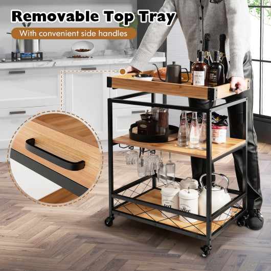 3 Tiers Industrial Bar Serving Cart with Utility Shelf and Handle Racks-Natural