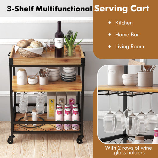 3 Tiers Industrial Bar Serving Cart with Utility Shelf and Handle Racks-Natural