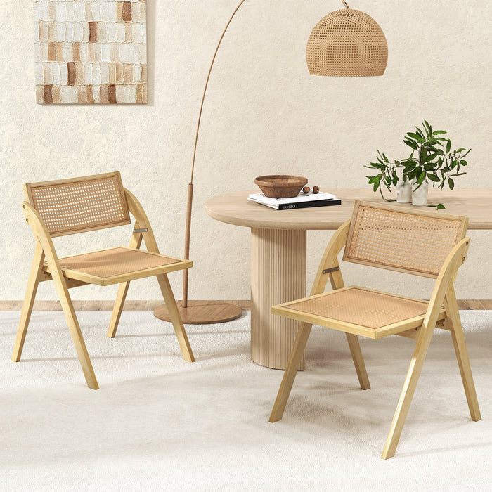 Foldable Dining Chairs Set of 2 with Woven Rattan Backrest-Natural