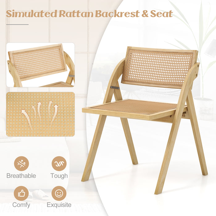 Foldable Dining Chairs Set of 2 with Woven Rattan Backrest-Natural