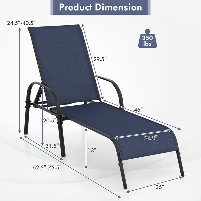 2 Pcs Outdoor Patio Lounge Chair Chaise Fabric with Adjustable Reclining Armrest-Navy