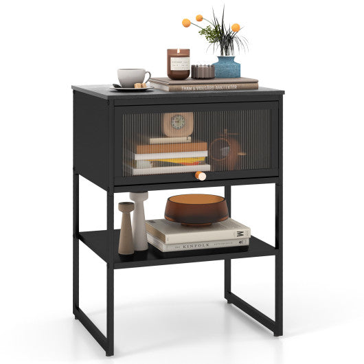 Nightstand with Flip up Door Storage Shelf-Black