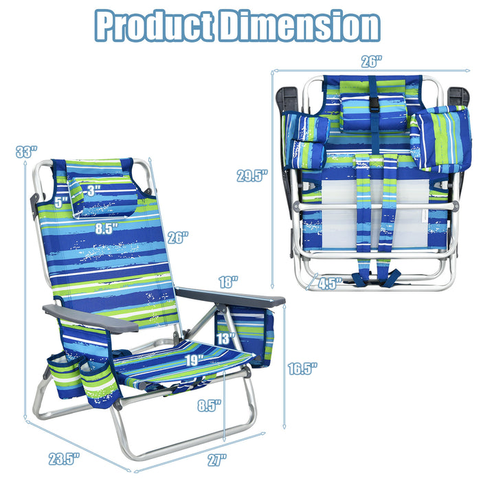 2-Pack Folding Backpack Beach Chair 5-Position Outdoor Reclining Chairs with Pillow-Blue