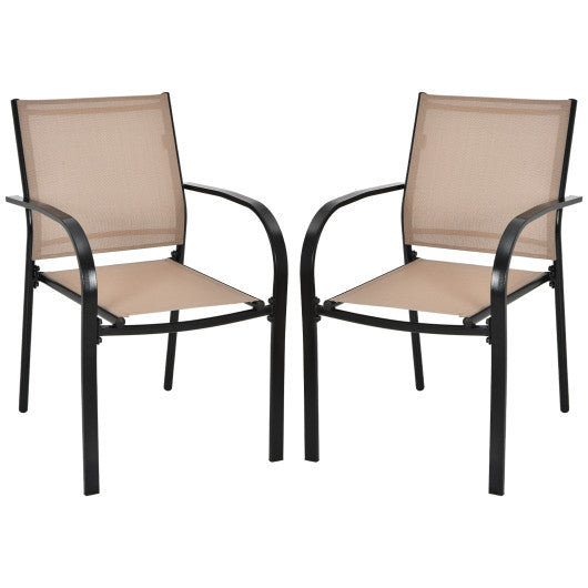 Set of 2 Patio Stackable Dining Chairs with Armrests Garden Deck-Brown