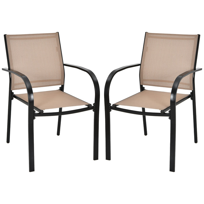 Set of 2 Patio Stackable Dining Chairs with Armrests Garden Deck-Brown