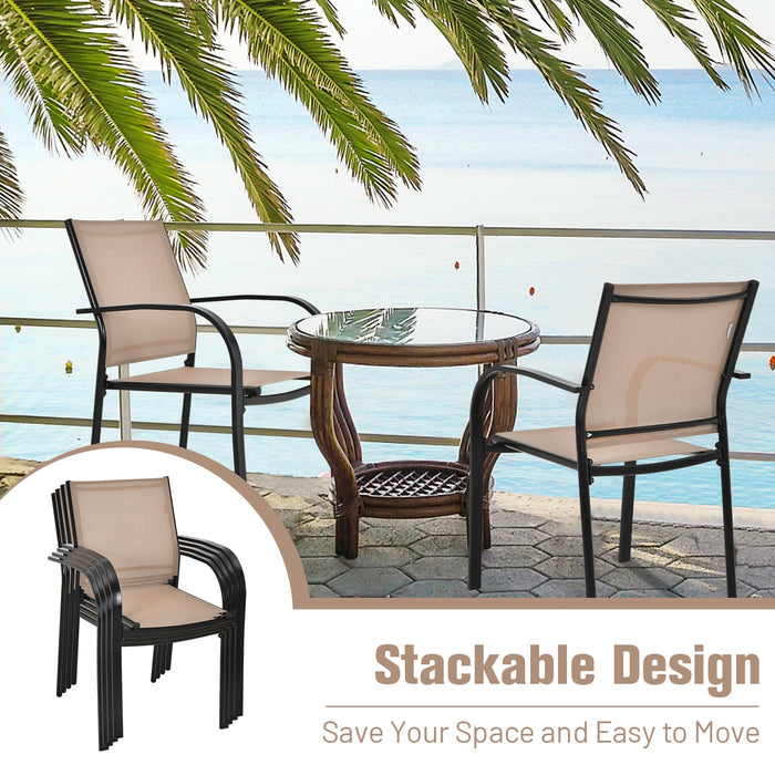 Set of 2 Patio Stackable Dining Chairs with Armrests Garden Deck-Brown