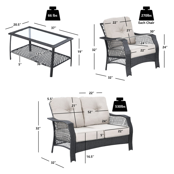 4 Pieces Patio Wicker Furniture Set Loveseat Sofa Coffee Table with Cushion-Beige