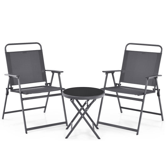 3-Piece Patio Table Set with Tempered Glass Round Table and 2 Lawn Chair-Gray