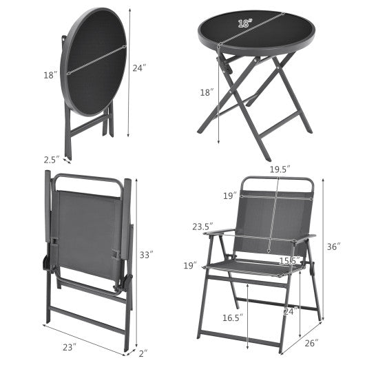 3-Piece Patio Table Set with Tempered Glass Round Table and 2 Lawn Chair-Gray