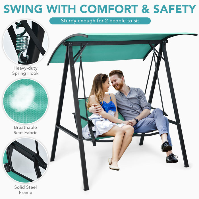 Outdoor Porch Steel Hanging 2-Seat Swing Loveseat with Canopy-Turquoise