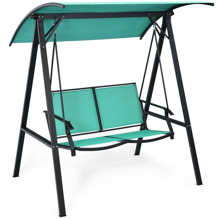 Outdoor Porch Steel Hanging 2-Seat Swing Loveseat with Canopy-Turquoise