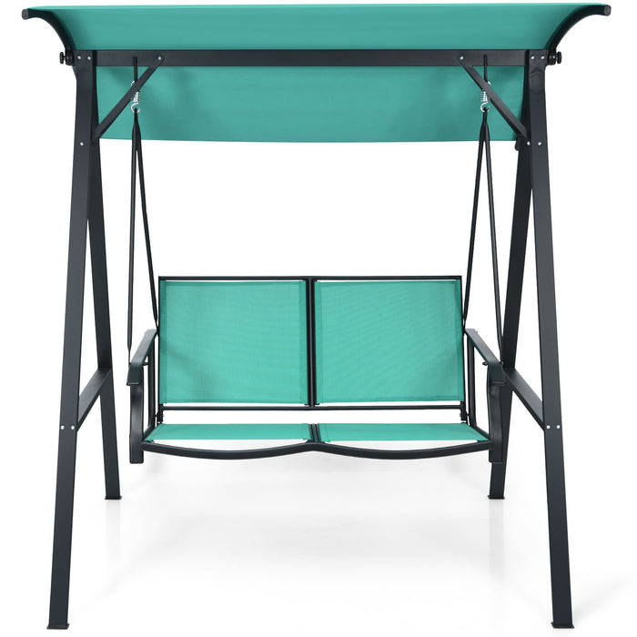 Outdoor Porch Steel Hanging 2-Seat Swing Loveseat with Canopy-Turquoise