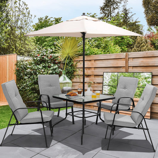 6 Pieces Patio Dining Set with Umbrella and Stackable Cushioned Chairs