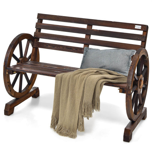 2-Person Outdoor Wooden Wagon Wheel Garden Bench-Brown