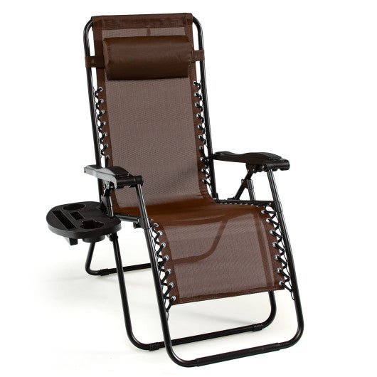 Outdoor Folding Zero Gravity Reclining Lounge Chair with Utility Tray-Brown