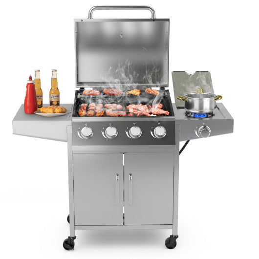 50000BTU 5-Burner Propane Gas Grill with Side Burner and 2 Prep Tables-Silver