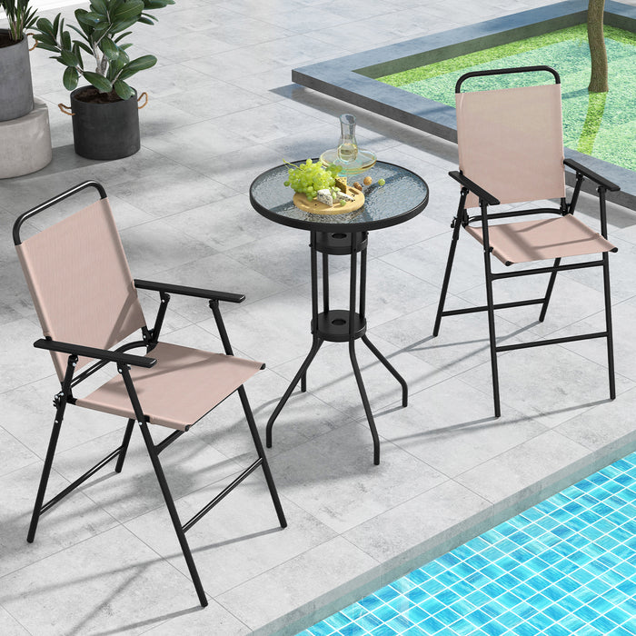 3 Pieces Outdoor Bistro Set with 2 Folding Chairs-Beige