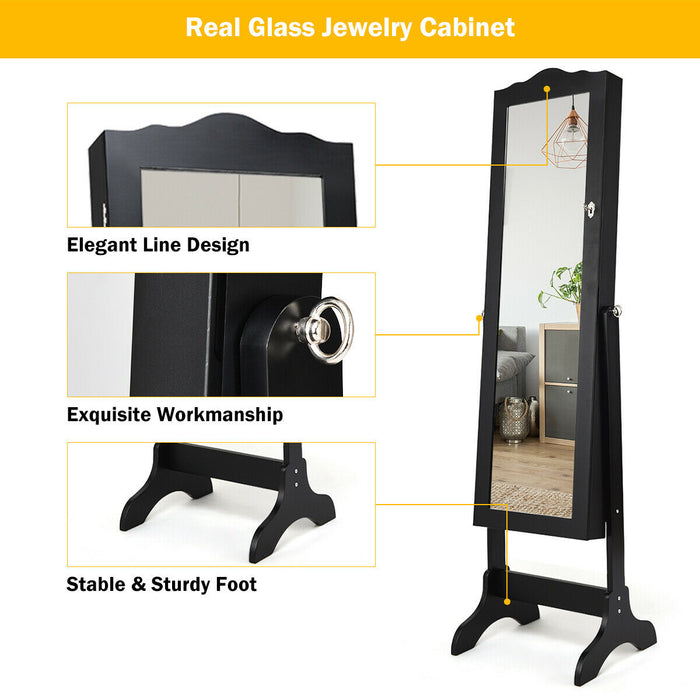 Mirrored Lockable Jewelry Cabinet Armoire Organizer Storage Box-Black