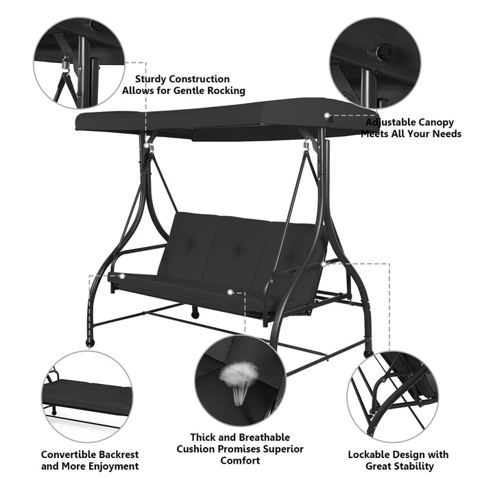 3 Seats Converting Outdoor Swing Canopy Hammock with Adjustable Tilt Canopy-Black