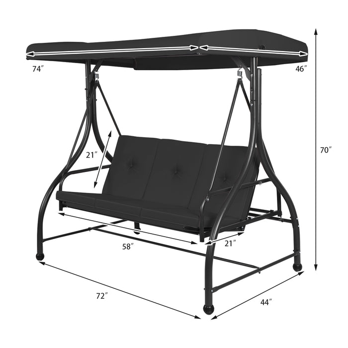 3 Seats Converting Outdoor Swing Canopy Hammock with Adjustable Tilt Canopy-Black