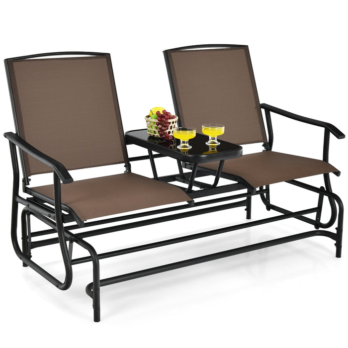 2-Person Double Rocking Loveseat with Mesh Fabric and Center Tempered Glass Table-Brown